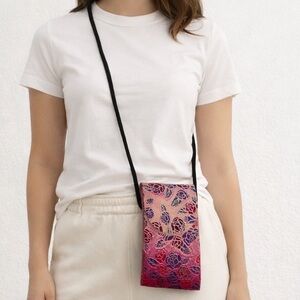 Leather Embossed Flower Design Phone Pouch Crossbody Handmade in India NEW